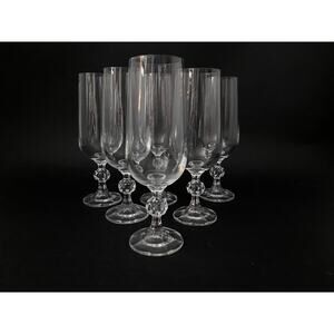 Set of 6 Claudia Crystal Champagne Flutes | 1980s Faceted Ball Stem Glasses